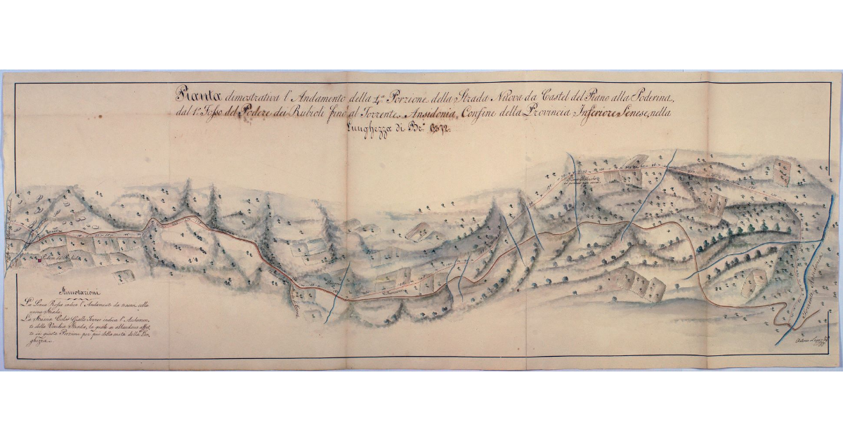 Pianta dimostrativa l'Andamento della 4ª Porzione della Strada Nuova da Castel del Piano alla Poderina, dal 1° Fosso del Podere dei Rubioli fino al Torrente Ansidonia. Confine della Provincia Inferiore Senese, nella Lunghezza di Br.ª 6372
