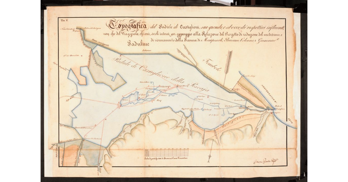 Topografica del Padule di Castiglioni, sue gronde, e sbocco de' respettivi influenti, non che del Viaggiolo, chiari, scoli interni per appoggio alla Relazione del Progetto di riduzione del medesimo, e di risanamento della Pianura di Montepescali, Buriano, Colonna, e Giuncarico