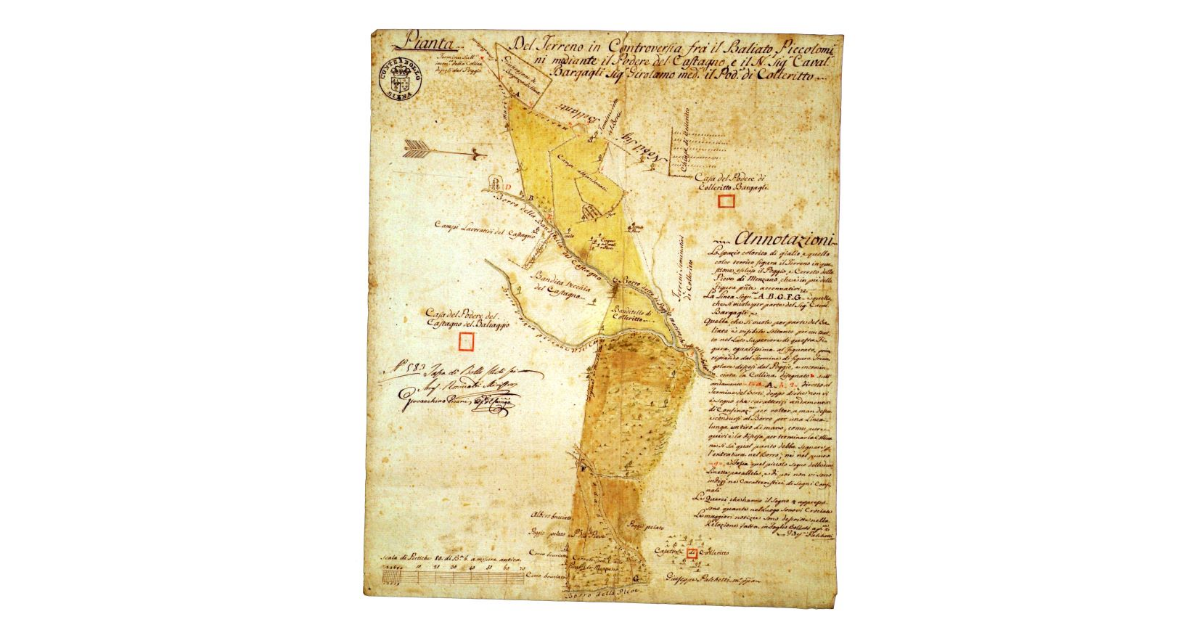 Pianta del terreno in controversia fra il Baliato Piccolomini mediante il podere del Castagno e il nobile signor Bargagli, signor Girolamo medesimo il podere di Colleritto