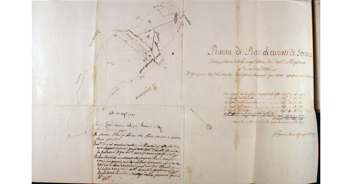 Pianta di Pian di cunati di Sovana. Fatta per ordine del Sig. Luigi Fabbrini Cancelliere Comunitativo di Pitigliano questo dì 28 giugno 1786