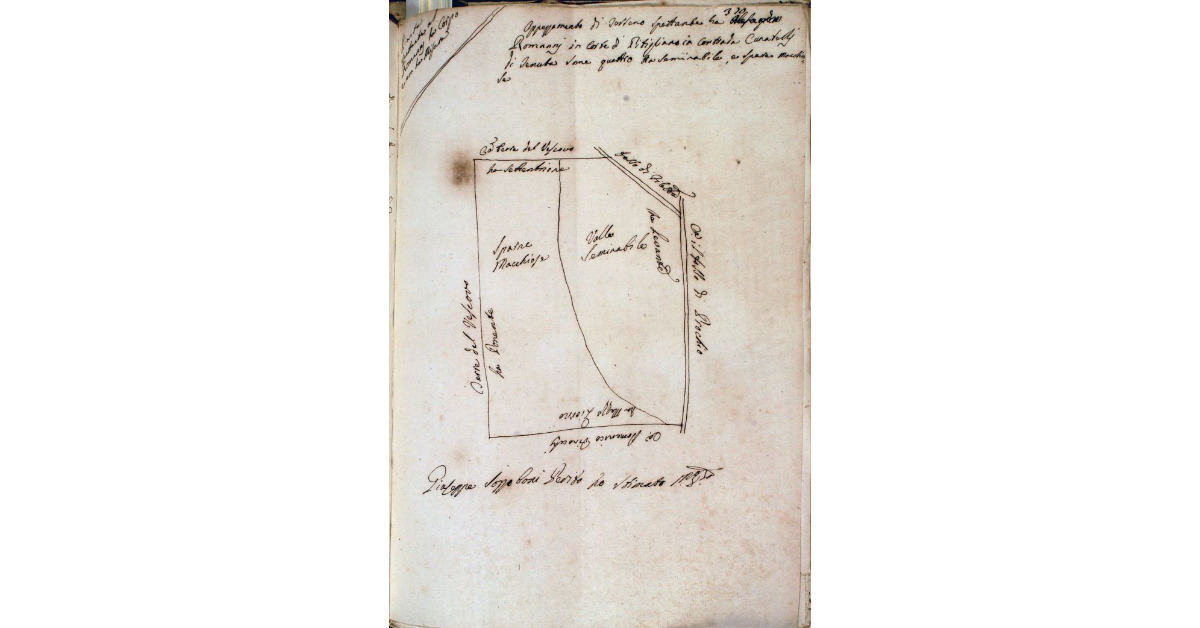 Appezzamento di terreno spettante ad Alesandro Romannj in Corte di Pitigliano in contrada Cunatelli di tenuta some quattro a seminabile, e sparne macchiose