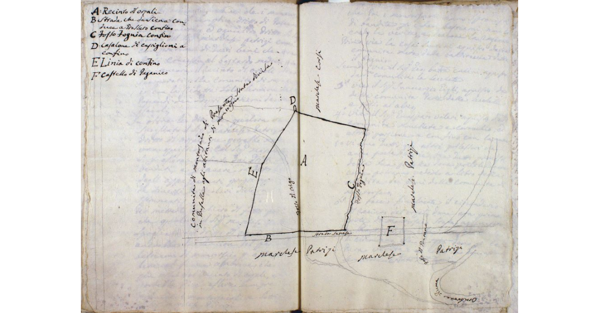 [Circondario del recinto dell'Orsali dove la corte di Montorsaio era stata aggiuntata a Paganico, con i suoi confinanti]