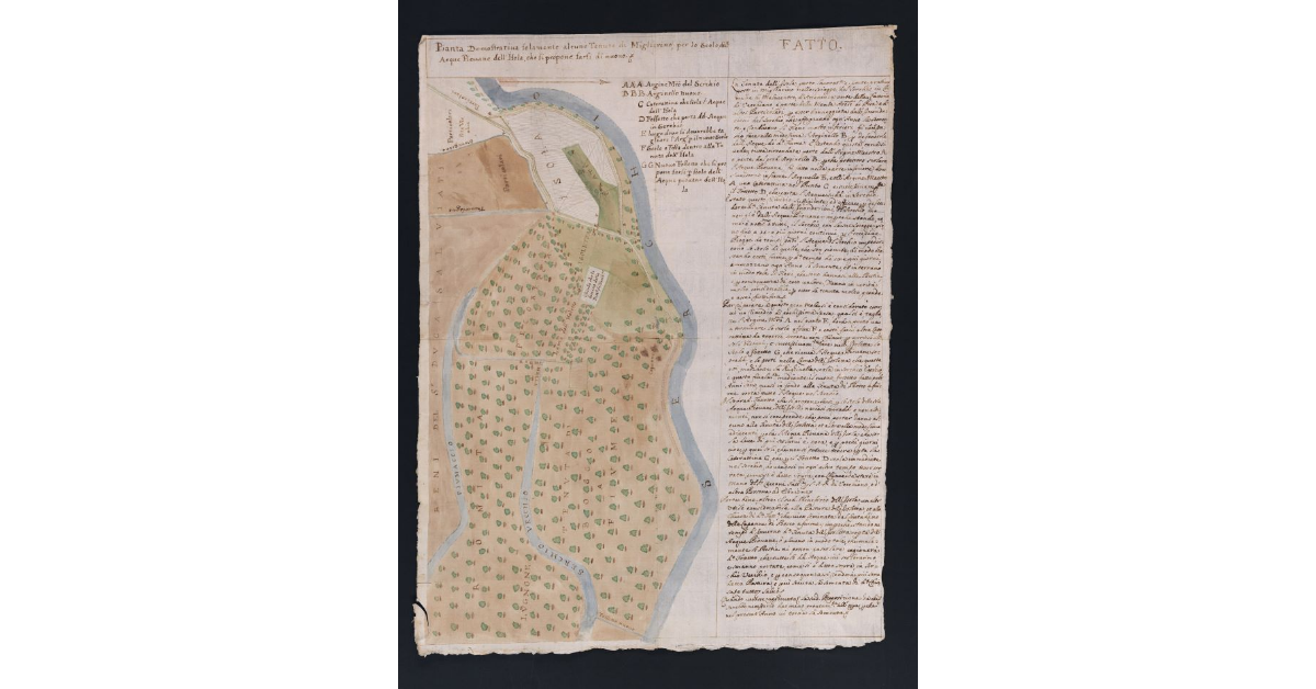 Pianta Demostrativa solamente alcune Tenute di Migliarino, per lo Scolo, dell'Acque Piovane dell'Isola, che si propone farsi di nuovo