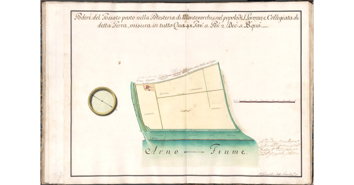 Podere del Fossato posto nella Potesteria di Montevarchi, e nel popolo di S. Lorenzo, e Collegiata di detta Terra, misura in tutto Qua 48. Tav. 3. Per. 2. Dec. 5. B. qua