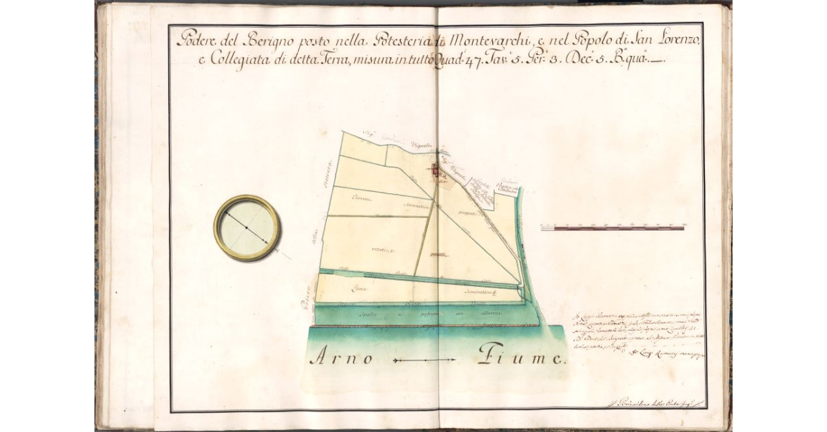 Podere del Berigno posto nella Potesteria di Montevarchi, e nel Popolo di San Lorenzo, e Collegiata di detta Terra, misura in tutto Quad. 47. Tav. 5. Per. 3. Dec. 5. B. qua