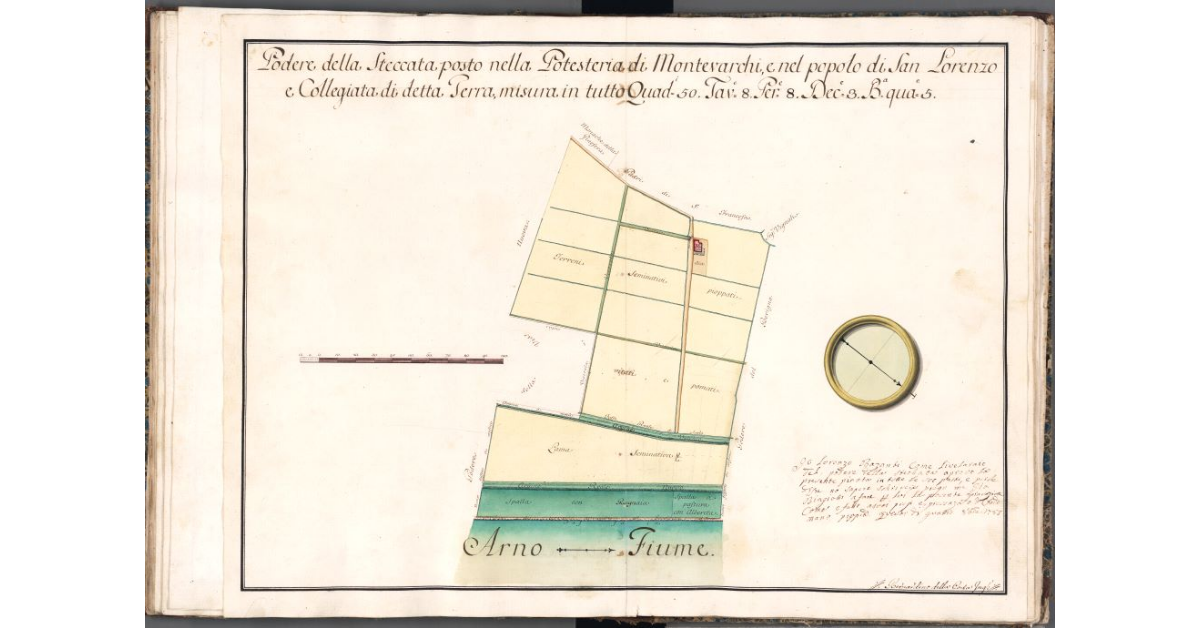 Podere della Steccata posto nella Potesteria di Montevarchi, e nel popolo di San Lorenzo e Collegiata di detta Terra, misura in tutto Quad. 50. Tav. 8. Per. 8. Dec. 3. B. qua. 5