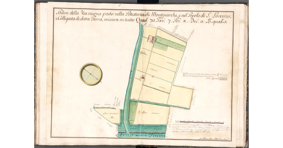 Podere della Via nuova posto nella Potesteria di Montevarchi, e nel Popolo di S. Lorenzo, e Collegiata di detta Terra, misura in tutto Quad. 70. Tav. 7. Per. 8. Dec. 3. B. quad. 5