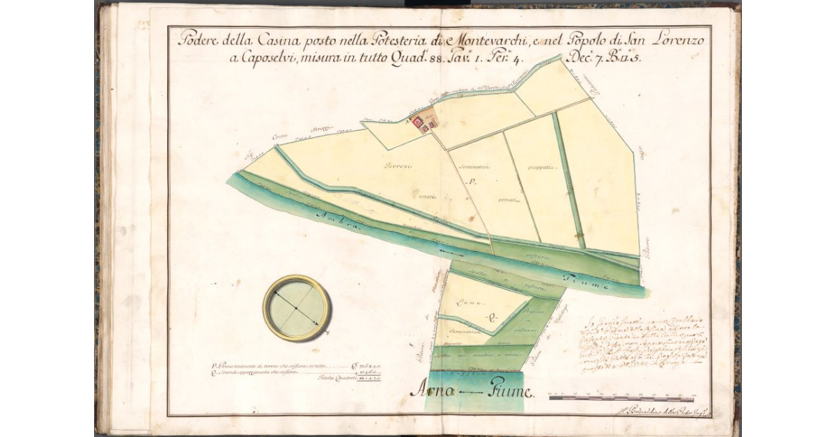 Podere della Casina posto nella Potesteria di Montevarchi, e nel Popolo di San Lorenzo a Caposelvi, misura in tutto Quad. 88. Tav. 1. Per. 4. Dec. 7 B. [quadre] 5