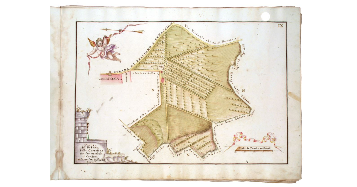 Pianta del podere della Certosina con i suoi vocaboli. Confini è sua misura di staia 92, tavole 67 e braccia 15 e 1/3