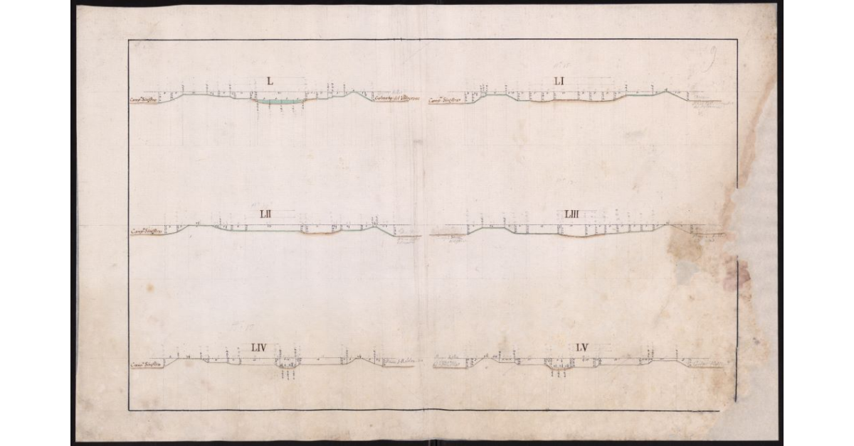 Sezioni delllo Zannone, del Fosso Reale e del Calambrone, che fissano lo stato dell'alveo, degli argini e della campagna adiacente ai nominati Canali, in cui si riducono tutte l'acque del Valdarno Pisano, come era nel tempo della visita generale eseguita nel 1773 dal Dottore Pietro Ferroni Matematico di S.A.R