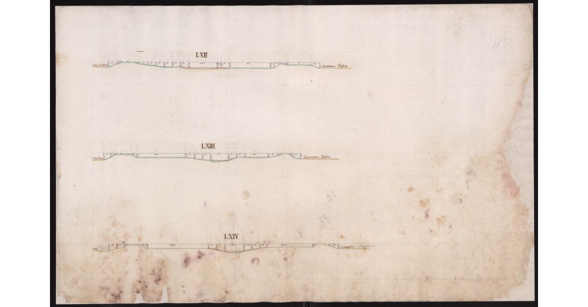 Sezioni delllo Zannone, del Fosso Reale e del Calambrone, che fissano lo stato dell'alveo, degli argini e della campagna adiacente ai nominati Canali, in cui si riducono tutte l'acque del Valdarno Pisano, come era nel tempo della visita generale eseguita nel 1773 dal Dottore Pietro Ferroni Matematico di S.A.R
