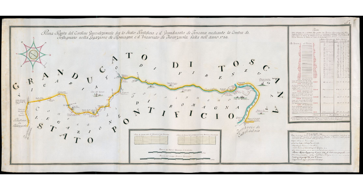 Prima pianta del confine giurisdizionale fra lo Stato Pontificio e il Granducato di Toscana, mediante la Contea di Tossignano nella Legazione di Romagna e il Vicariato di Firenzuola fatta nell'anno 1788