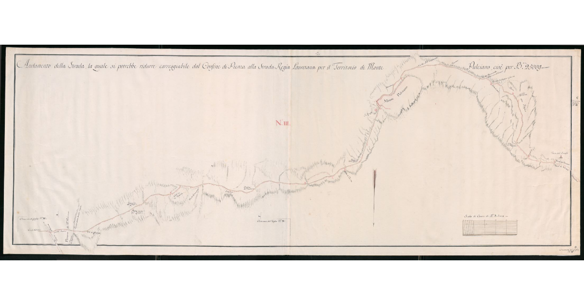 Andamento della Strada, la quale si potrebbe ridurre carreggiabile dal confine di Pienza alla Strada Regia Lauretana per il Territorio di Montepulciano, cioè per Braccia 25009