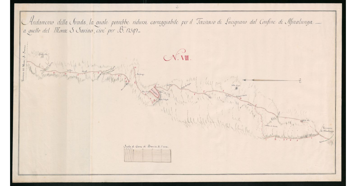 Andamento della Strada, la quale potrebbe ridursi carreggiabile per il Territorio di Lucignano dal Confine di Asinalunga a quello di Monte S.Savino, cioè per Braccia 17397