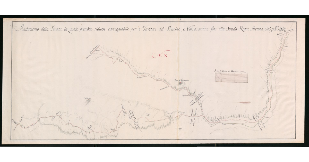 Andamento della Strada, la quale potrebbe ridursi carreggiabile per i Territori del Bucine, e Val d'Ambra fino alla Strada Regia Aretina, cioè per Braccia 18489