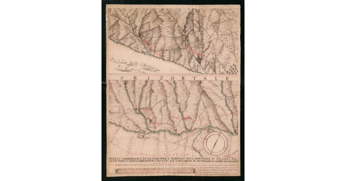 Pianta topografica ed altimetrica minerale della Montagna di Salioni per alcuni monti a quella aggiacenti, e situati nel Capitanato di Pietrasanta in Comune di Livigliani