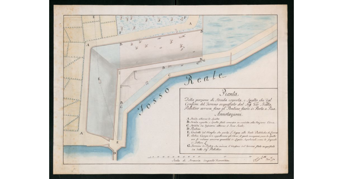 Pianta della porzione di strada coperta, e spalto che dal confine del terreno acquistato dal Sig.re Giovanni Battista Pellettier arriva fino al Pontino fuori di Porta a Pisa