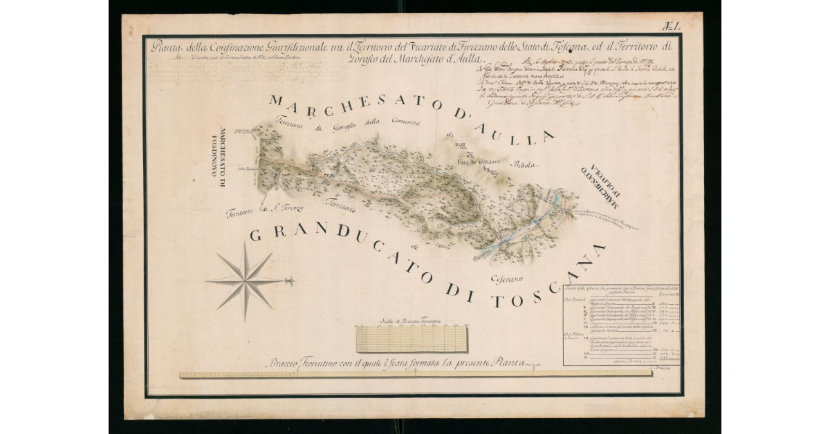 Pianta originale della confinazione giurisdizionale tra il Vicariato di Fivizzano dello Stato di Toscana ed il Feudo di Gorasco del Marchesato di Aulla