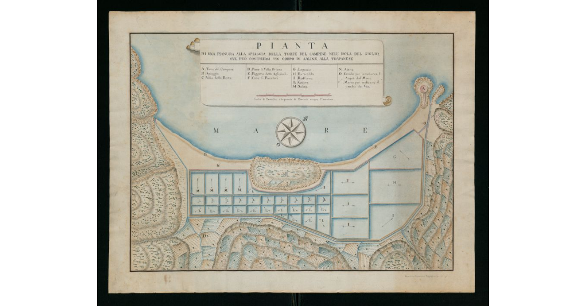 Pianta di una pianura alla spiaggia della Torre del Campese nell'Isola del Giglio, ove può costruirsi un corpo di Saline alla Trapanese