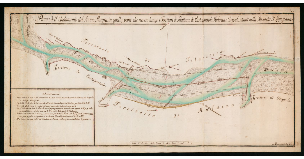 Pianta dell'andamento del Fiume Magra in quella parte che ricorre lungo i Territori di Filattiera, di Castagnetolo, Mulazzo e Groppoli, situati nella Provincia di Lunigiana