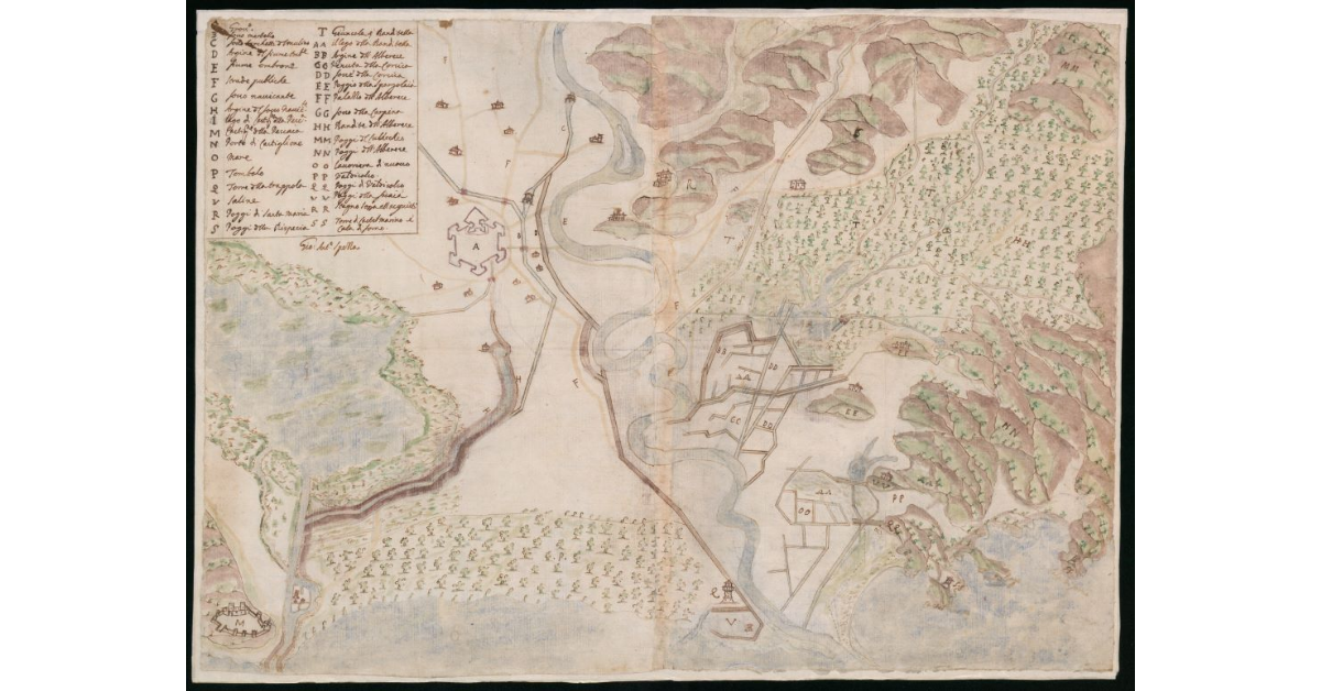 [Carta prospettica della pianura grossetana e dell'Alberese con il progetto di lavori idraulici]