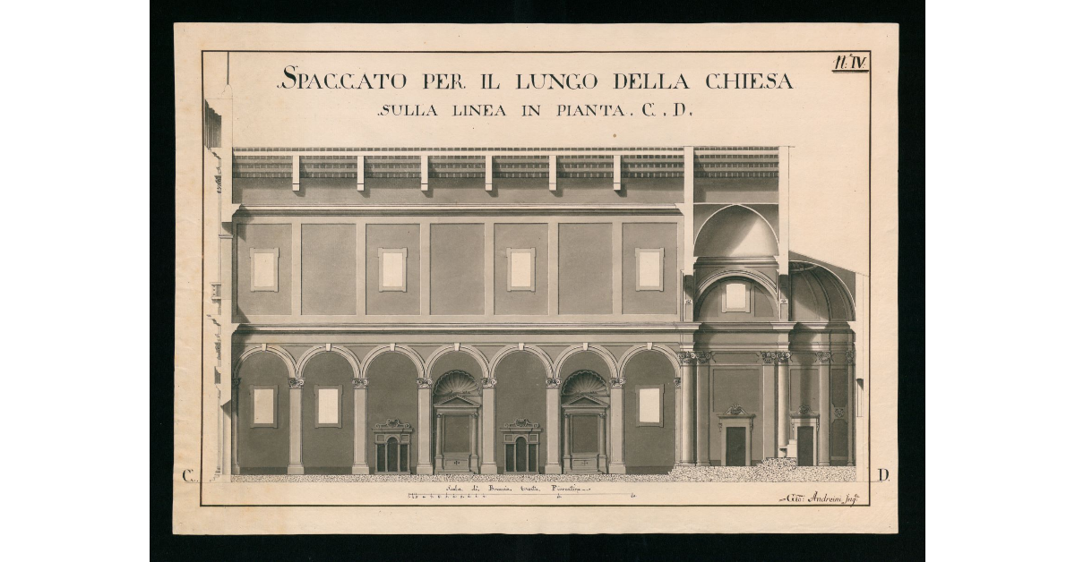 Spaccato per il lungo della chiesa sulla linea in pianta CD