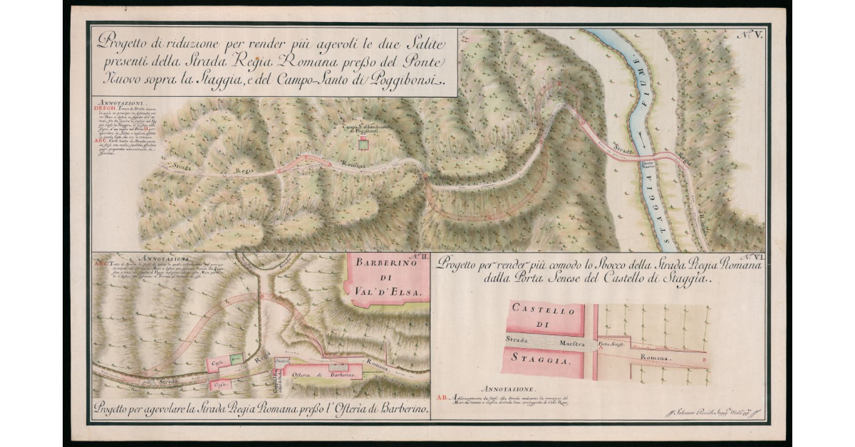 Progetto di riduzione per render più agevoli le due Salite presenti della Strada Regia Romana presso del Ponte Nuovo sopra la Staggia, e del Campo Santo di Poggibonsi. Progetto per agevolare la Strada Regia Romana presso l'Osteria di Barberino. Progetto per rendere più comodo lo sbocco della Strada Regia Romana dalla Porta Senese del Castello di Staggia