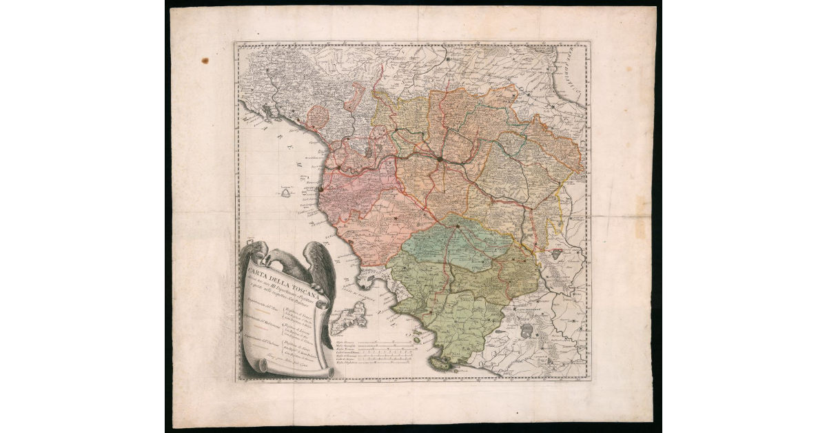 Carta della Toscana divisa nei suoi III Dipartimenti o Prefetture e queste colle rispettive Sotto Prefetture