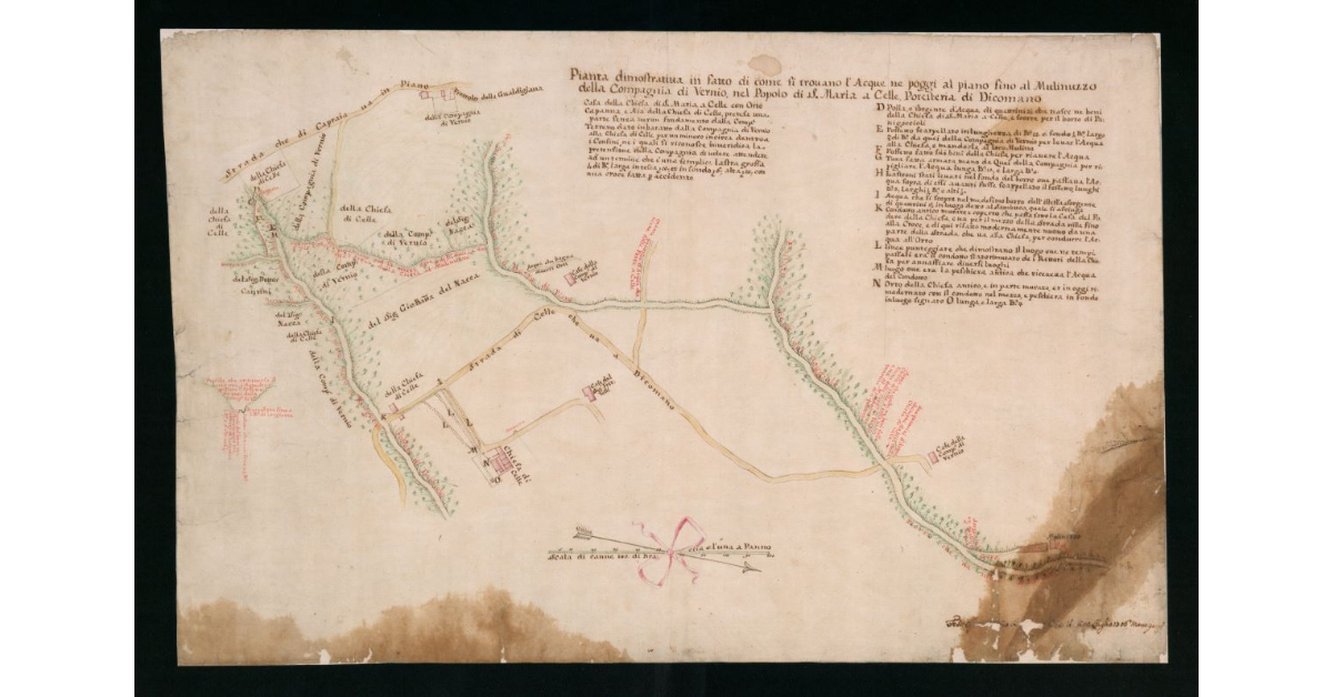 Pianta dimostrativa in fatto di come si trovano l'acque ne poggi al piano fino al Mulinuzzo della Compagnia di Vernio, nel Popolo di S. Maria a Celle, Potesteria di Dicomano