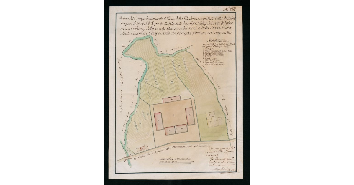 Pianta del campo denominato il Piano della Madonna acquistato dall'Amministrazione Generale di S.A.R. per lo stabilimento dei nuovi Edfizj del Sale di Volterra con l'indicazione della precisa situazione dei medesimi e della Chiesa Parrocchiale, Canonica e campo Santo che si progetta fabricare nel campo medesimo