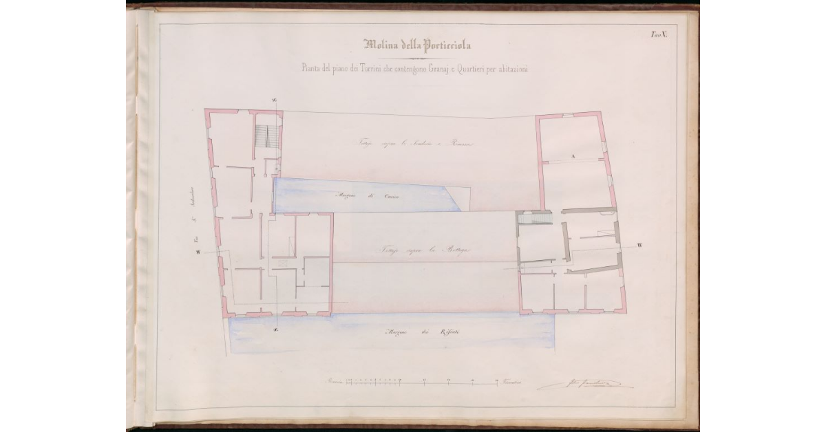 Tav.V - Molina della Porticciola. Pianta del piano dei Torrini che contengono Granaj e Quartieri per Abitazioni