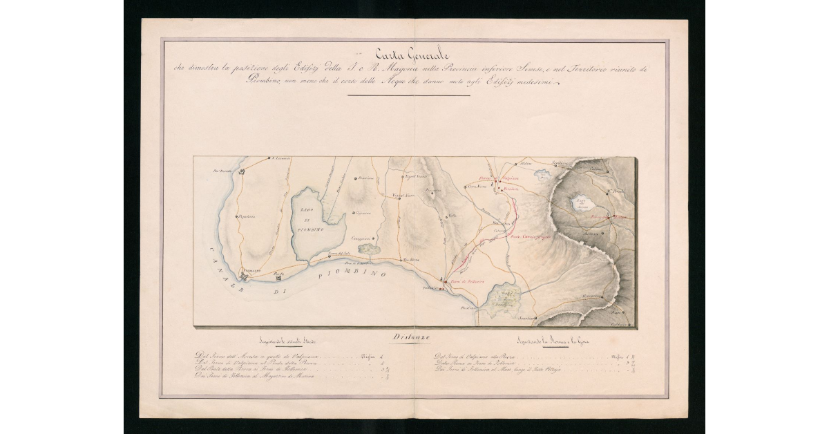 Carta generale che dimostra la posizione degl' Edifizj della I.eR. Magona nella Provincia Inferiore Senese e nel Territorio Riunito di Piombino, non meno che il corso delle acque che danno moto agli Edifizj medesimi