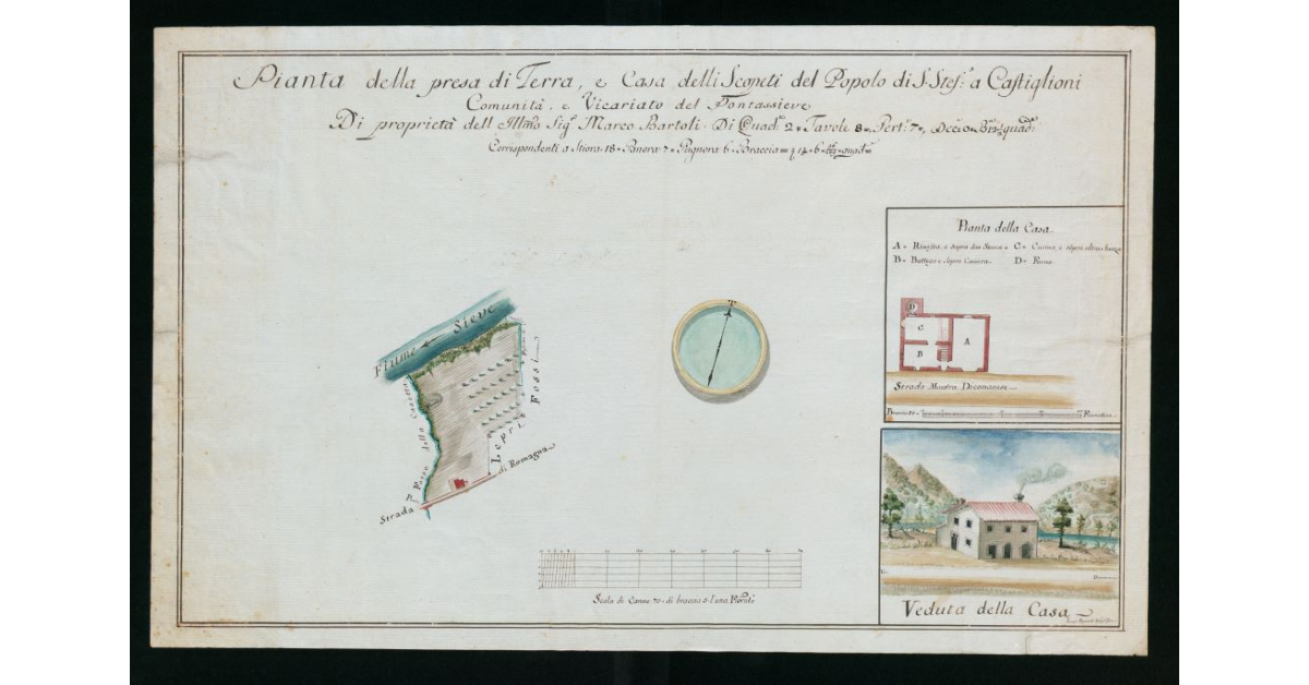 Pianta della Presa di terra, e Case delli Scopeti del Popolo di S. Stefano a Castiglioni Comunità e Vicariato di Pontassieve di proprietà dell'Ill.mo Sig. Marco Bartoli di Quadrati 2 Tavole 8 Pertiche 7 Decine 0 Braccia 12 1/2 quadrate