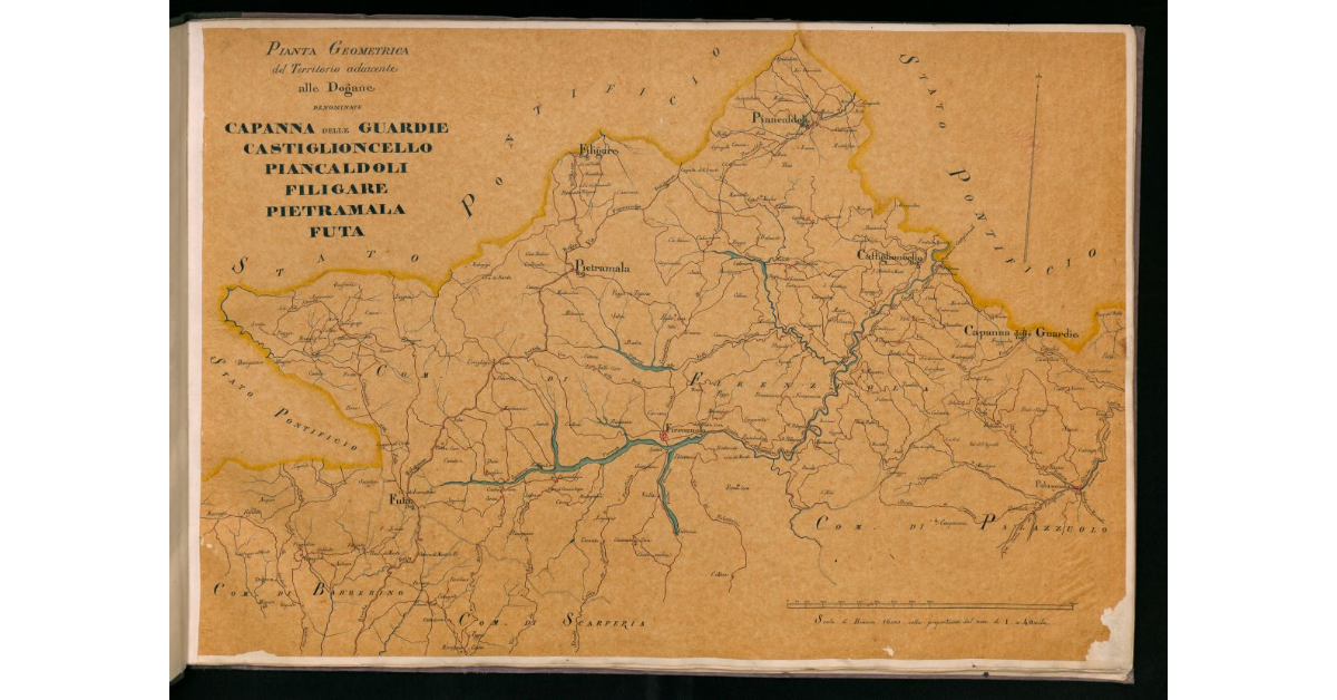 Pianta geometrica del territorio adiacente alle dogane denominate Capanna delle Guar-die, Castiglioncello, Piancaldoli, Filigare, Pietramala, Futa