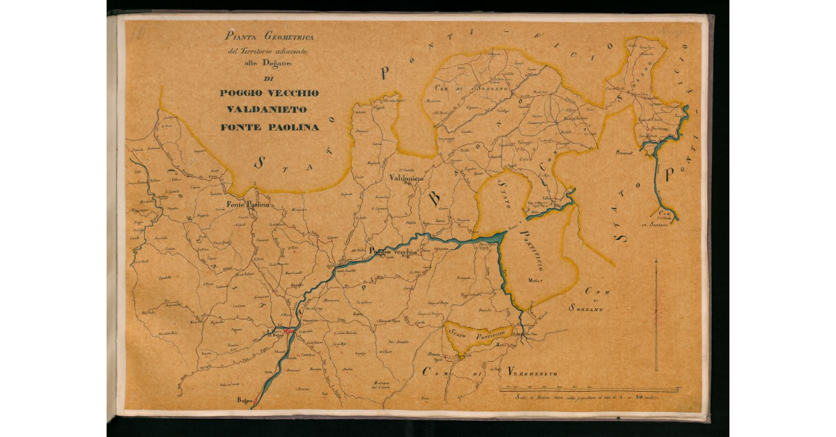 Pianta geometrica del territorio adiacente alle dogane di Poggio Vecchio, Valdanieto, Fonte Paolina