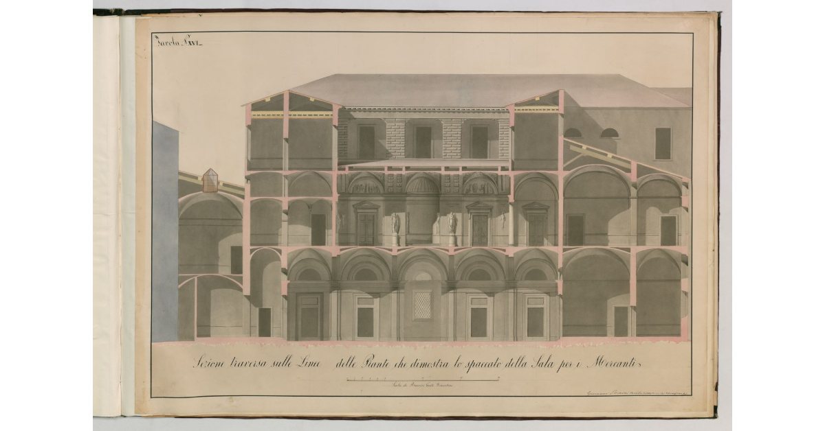 Tavola n.XVI - Sezione traversa delle linee delle Piante, che dimostra lo spaccato della Sala per i Mercanti