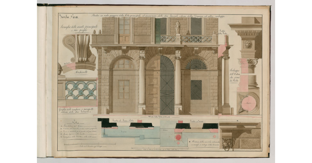 Tavola n.XVII - Studio in scala maggiore della Porta principale ed arcuazioni delle due facciate esterne della Dogana ed altri sviluppi