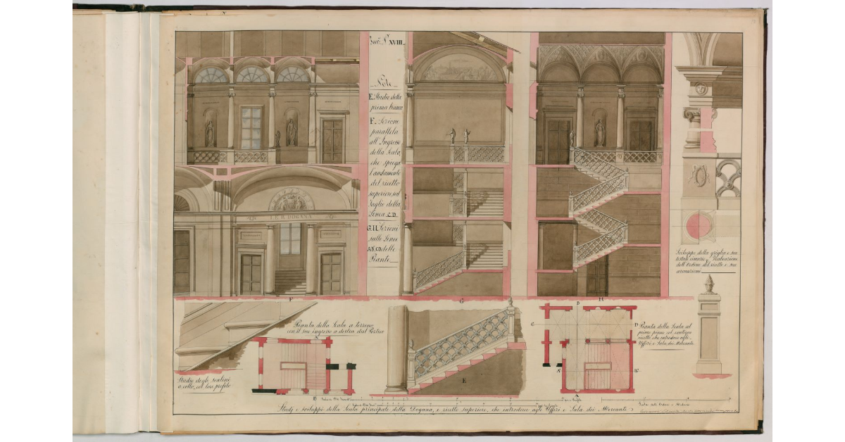 Tavola n.XVIII - Studj e sviluppi della scala principale della Dogana, e ricetto superiore, che introduce agli Uffizi e Sala dei Mercanti