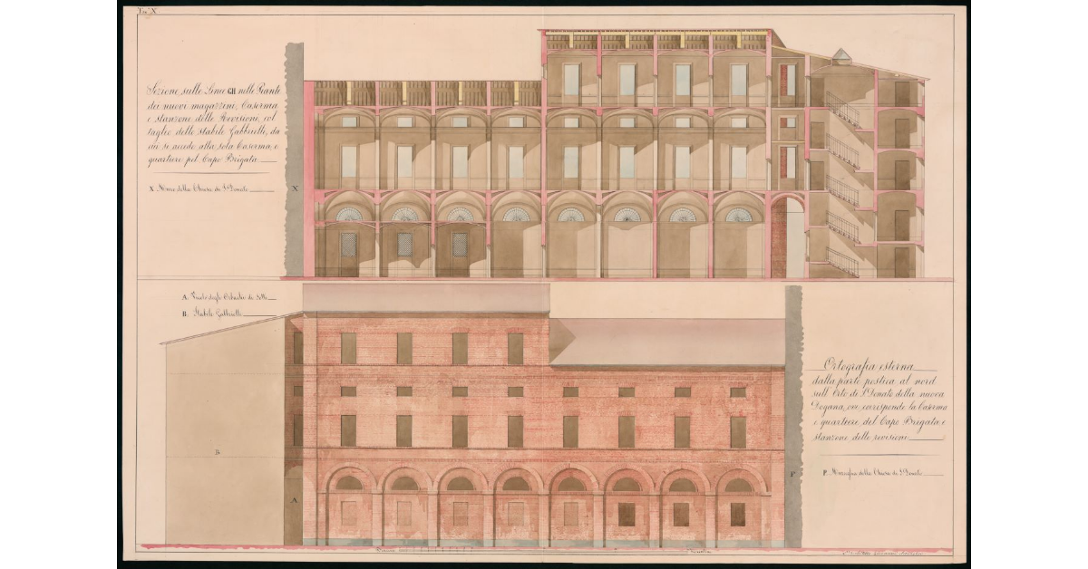 Tavola n. X - Ortografia esterna della parte postica, al nord sull'Orto di S. Donato della nuova Dogana ove corrisponde la Caserma e Quartiere del Capo Brigata e Stanzone delle Revisioni con altra sezione