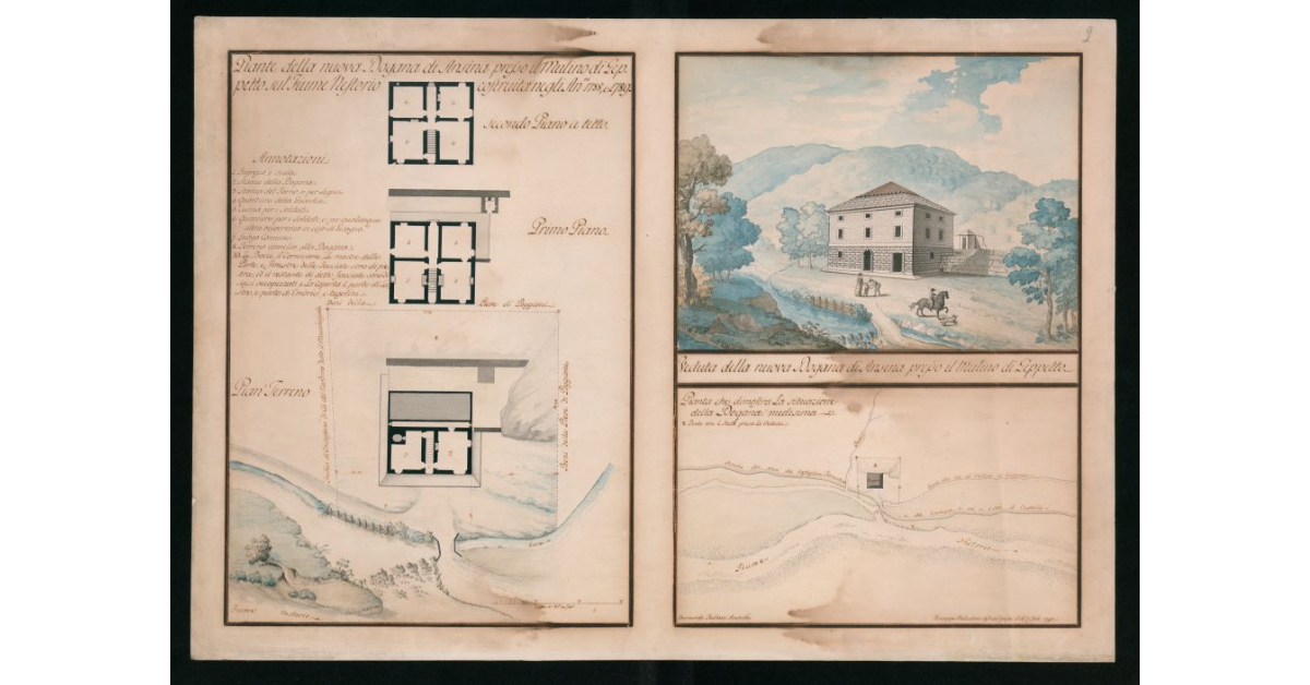 [Piante e veduta "della nuova Dogana di Ansina presso il Mulino di Geppetto sul Fiume Nestorio costruita negli anni 1788 e 1789"]