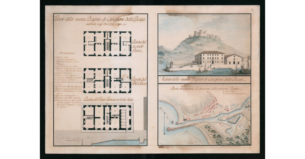 [Piante e veduta "della Dogana di Castiglione della Pescaia costruita negli anni 1789 e 1790"]