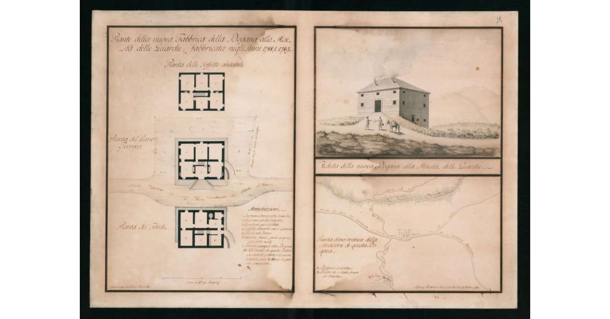 [Piante e veduta "della nuova Fabbrica della Dogana alla Maestà delle Guardie fabbricata negli anni 1788 e 1789"]