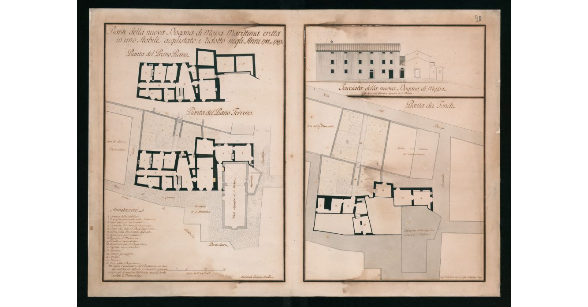 [Piante e veduta "della nuova Dogana di Massa Marittima eretta in uno stabile aqui-stato e ridotto negli anni 1788 e 1789"]