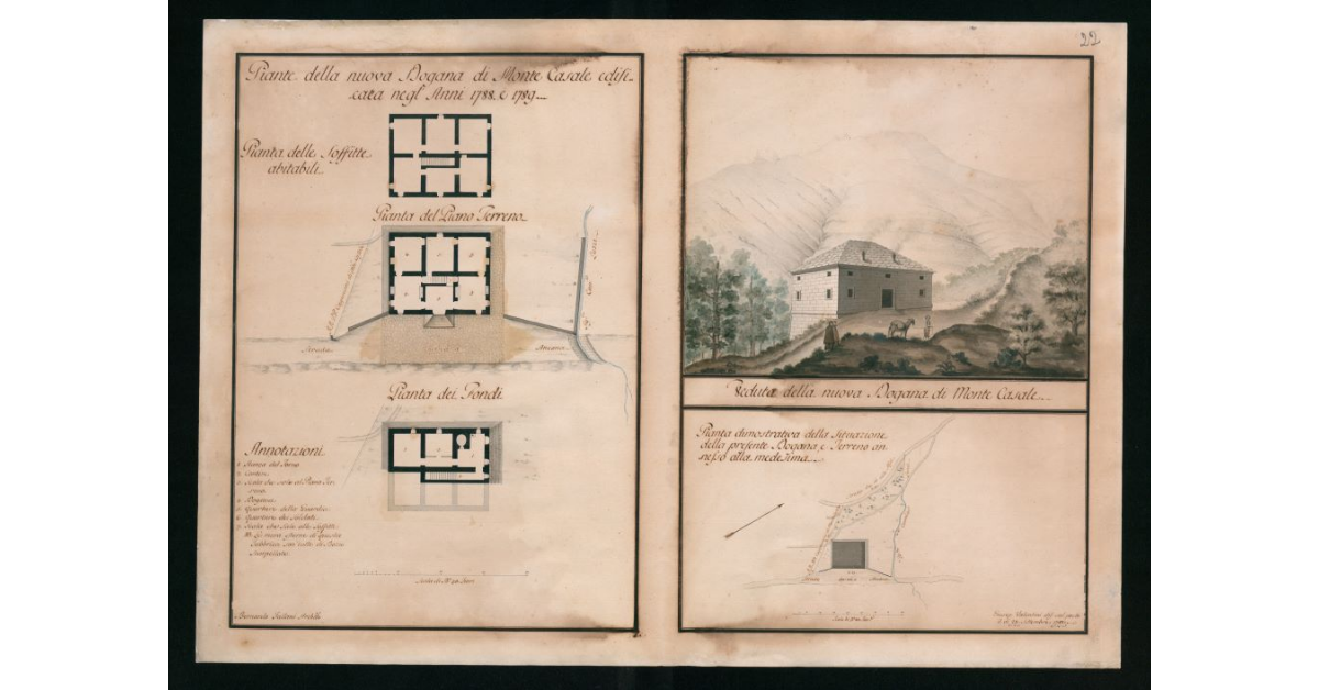 [Piante e veduta "della nuova Dogana di Monte Casale edificata negli anni 1788 e 1789 "]