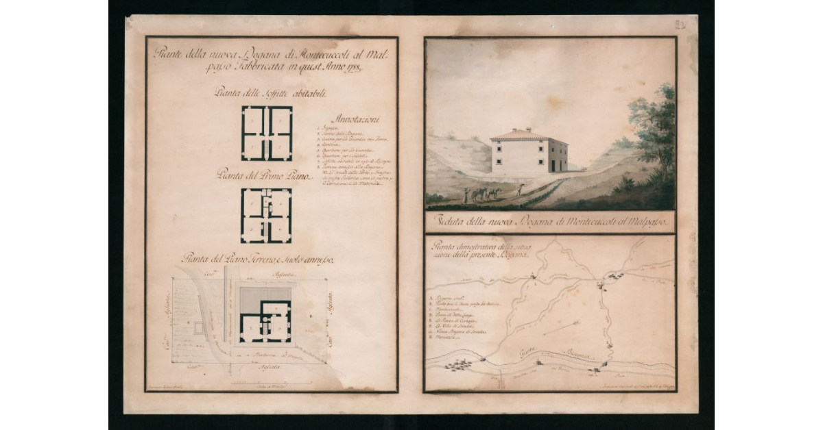 [Piante e veduta "della nuova Dogana di Montecuccoli al Malpasso fabbricata in quest'anno 1788"]