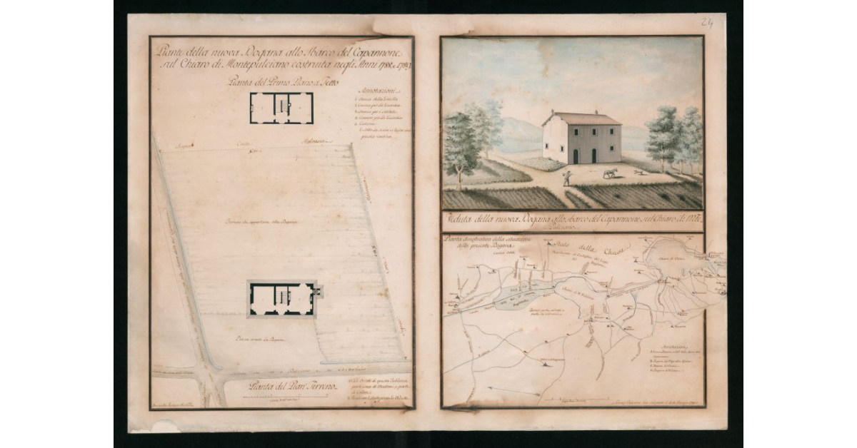 [Piante e veduta "della Dogana allo sbarco del Capannone sul Chiaro di Montepulciano costruita negli anni 1788 e 1789"]