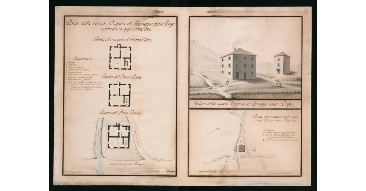 [Pianta e veduta "della nuova Dogana al Passaggio ossia Pergo costruita in quest'anno 1788"]