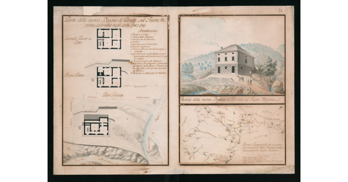 [Piante e veduta "della nuova Dogana di Petrioio sul Fiume Minima costruita negli anni 1788 e 1789"]