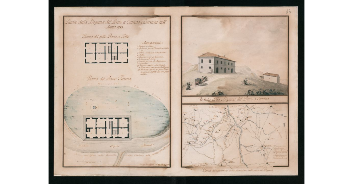 [Piante e veduta "della Dogana del Ponte a Centino costruita nell' anno 1783"]