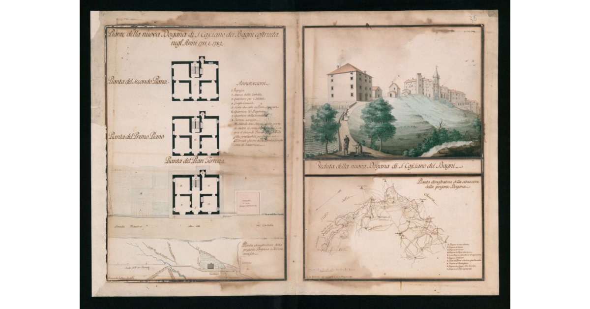 [Piante e veduta "della nuova Dogana di S.Casciano dei Bagni costruita negli anni 1788 e 1789"]